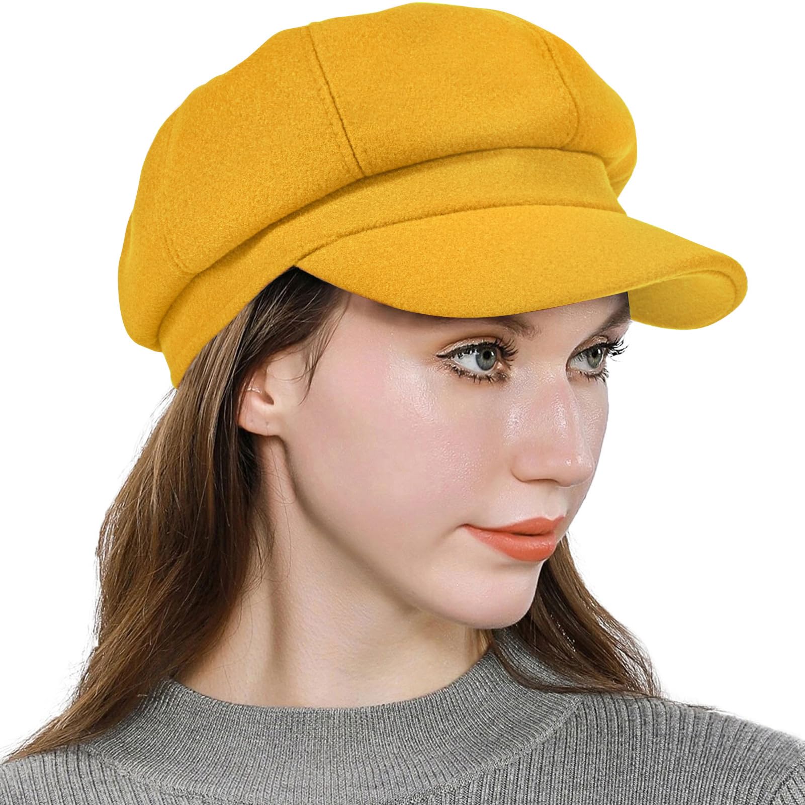 Photo 1 of Women’s Newsboy Cap Wool Blend Retro Solid Color Girls Fashion Gatsby Cabbie Visor Beret Hat Yellow