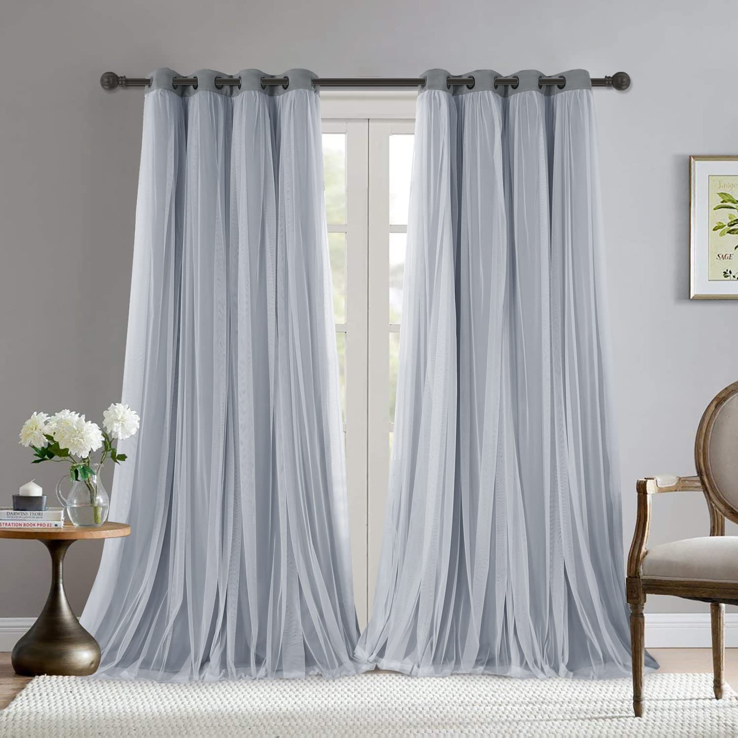 Photo 1 of BONZER White Sheer Tulle Overlay Blackout Curtains Grommet Top Mix and Match Curtains for Living Room, Cloud Grey, 52x95 Inch, Set of 2 Panels