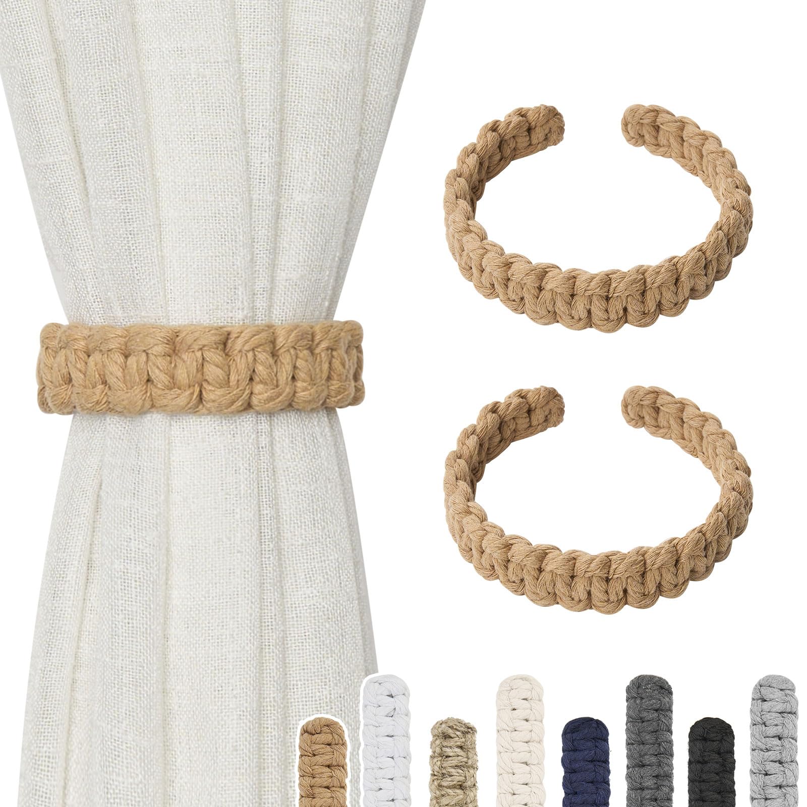 Pretty Jolly 2 Pack Natural Cotton Rope Curtain Tiebacks Farmhouse Rustic Style Decorative Drape Tie Backs Handmade Braided Curtain Holdbacks for Home Sheer/Light Weight Drapery (C-Dark Beige-S)