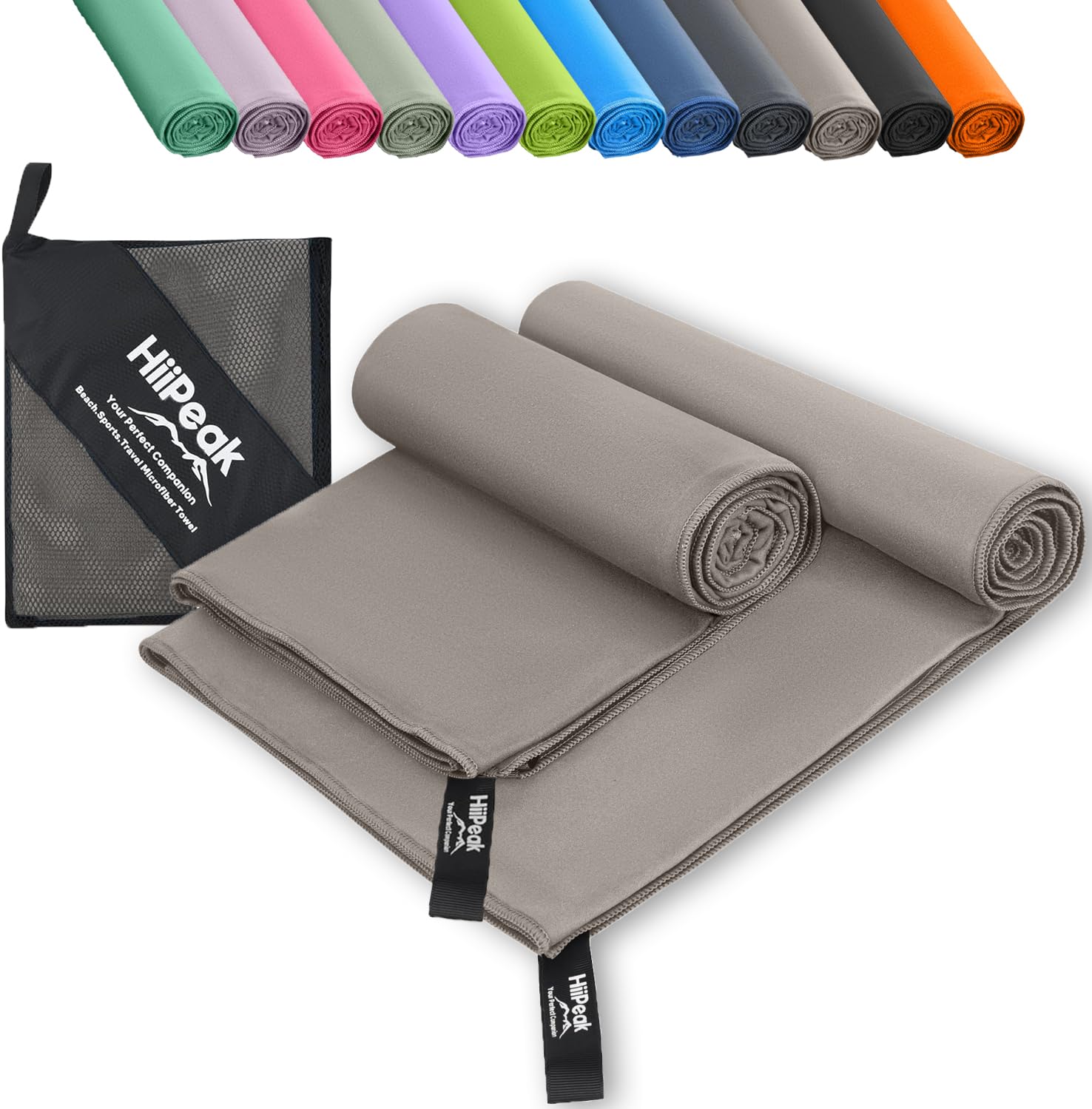 HiiPeak Microfibre Towel 2 pack（160x80cm+80x40cm） Compact Camping Beach Towel - Quick Dry Ultra Lightweight Absorbent Sports Gym Yoga Swimming Hiking Drying Towel for Men,Women(Light Grey-2pack