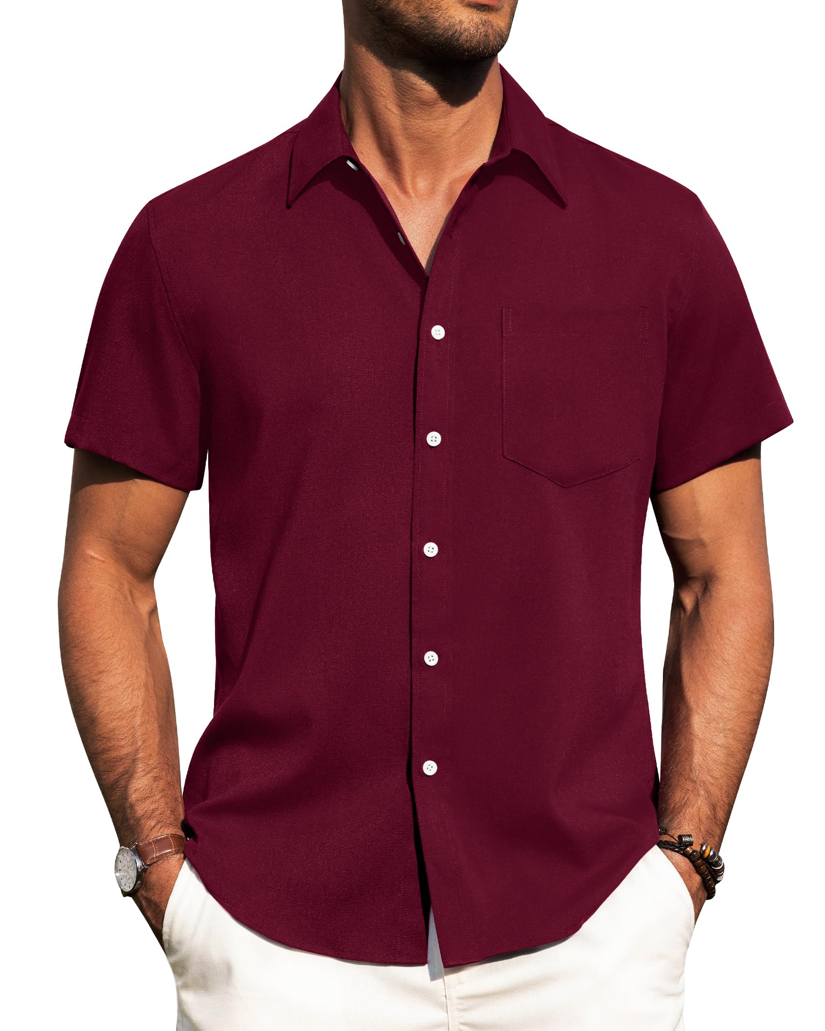Photo 1 of Alimens & Gentle Mens Linen Shirts Short Sleeve Button Down Shirts Wrinkle Free Casual Vacation Beach Summer Tops,Burgundy,2XL