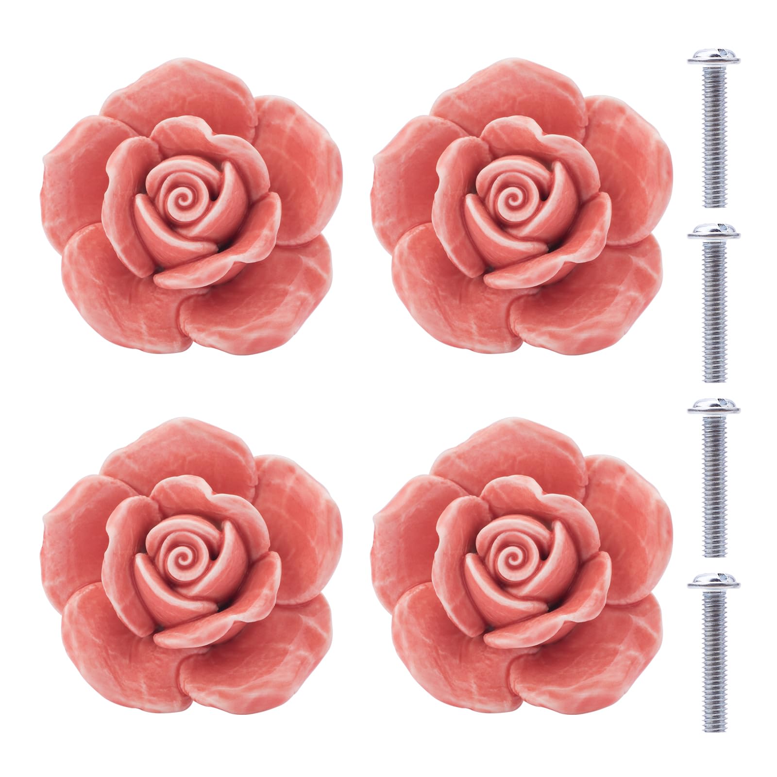 NAKUPENDA Ceramic Knobs 4 Pieces Ceramic Rose Flower Knob Drawer Knobs Porcelain Rose Furniture Knobs for Drawers Cupboards Cabinet Doors (Pink)