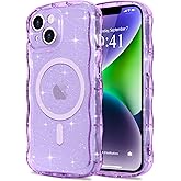 Pepmune Magnetic for iPhone 14/13 Case Clear, Sparkly Bling Glitter Cute Curly Wave Transparent Cover for Women Men Compatible with MagSafe Shockproof Protective Phone Case for iPhone 13/14, Purple