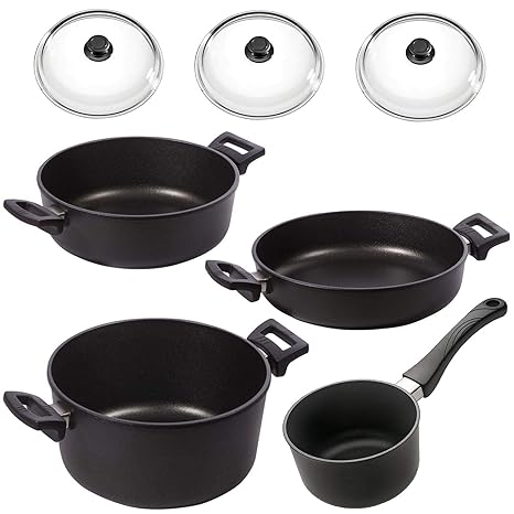 Eurolux Topfset Induktion Aluguss beschichtet 7-teilig Kochtopf Bratentopf Kasserolle Stieltopf PFOA frei inkl. Glasdeckel