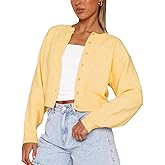Women Y2K Button Front Crop Sweater Cardigan Solid Color Crew Neck Long Sleeve Knit Fall Tops Streetwear