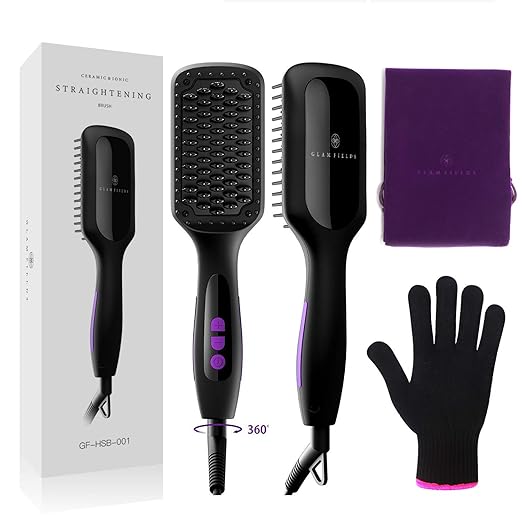 Ionic Hair Straightener Brush, GLAMFIELDS Electrical Heated Irons Hair Straightening with Faster Heating, MCH Ceramic Technology, Auto Temperature Lock, Anti Scald, Heat Resistant Glove (Black-01)