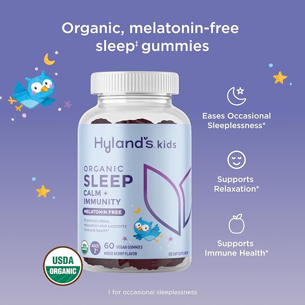 HYLAND’S KIDS MELATONIN FREE ORGANIC SLEEP AID GUMMIES WITH CALM & IMMUNE SUPPORT – WITH VITAMIN C, ZINC, ELDERBERRY, LEMON BALM & CHAMOMILE, HELPS WITH SLEEPLESSNESS & RESTLESSNESS, 60 VEGAN GUMMIES