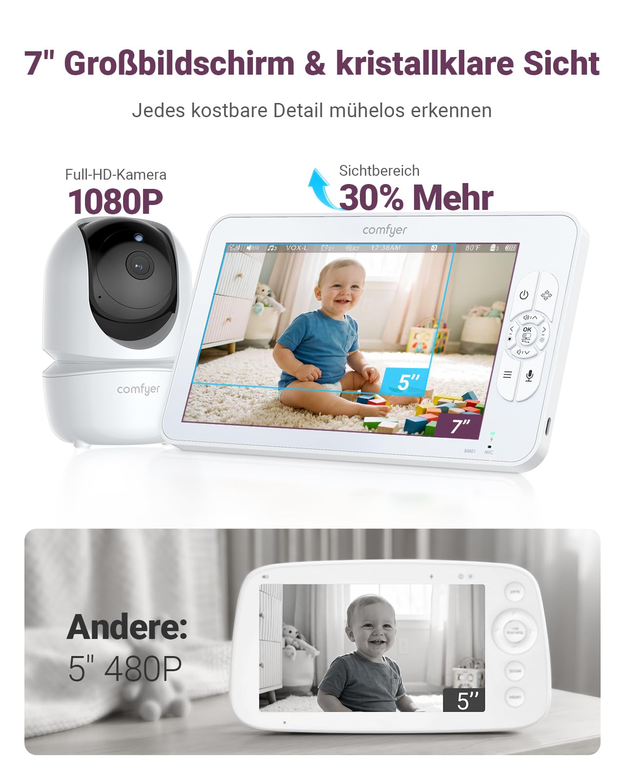 Comfyer BM01 Split-Screen Babyphone mit 2 Kameras, 7" HD 720P ohne WLAN mit Halterung, IR-Nachtsicht VOX-Modus mit Sound-Alarm 2-Wege-Audio 6000mAh 300M Reichweite Videoüberwachungsgerät 3