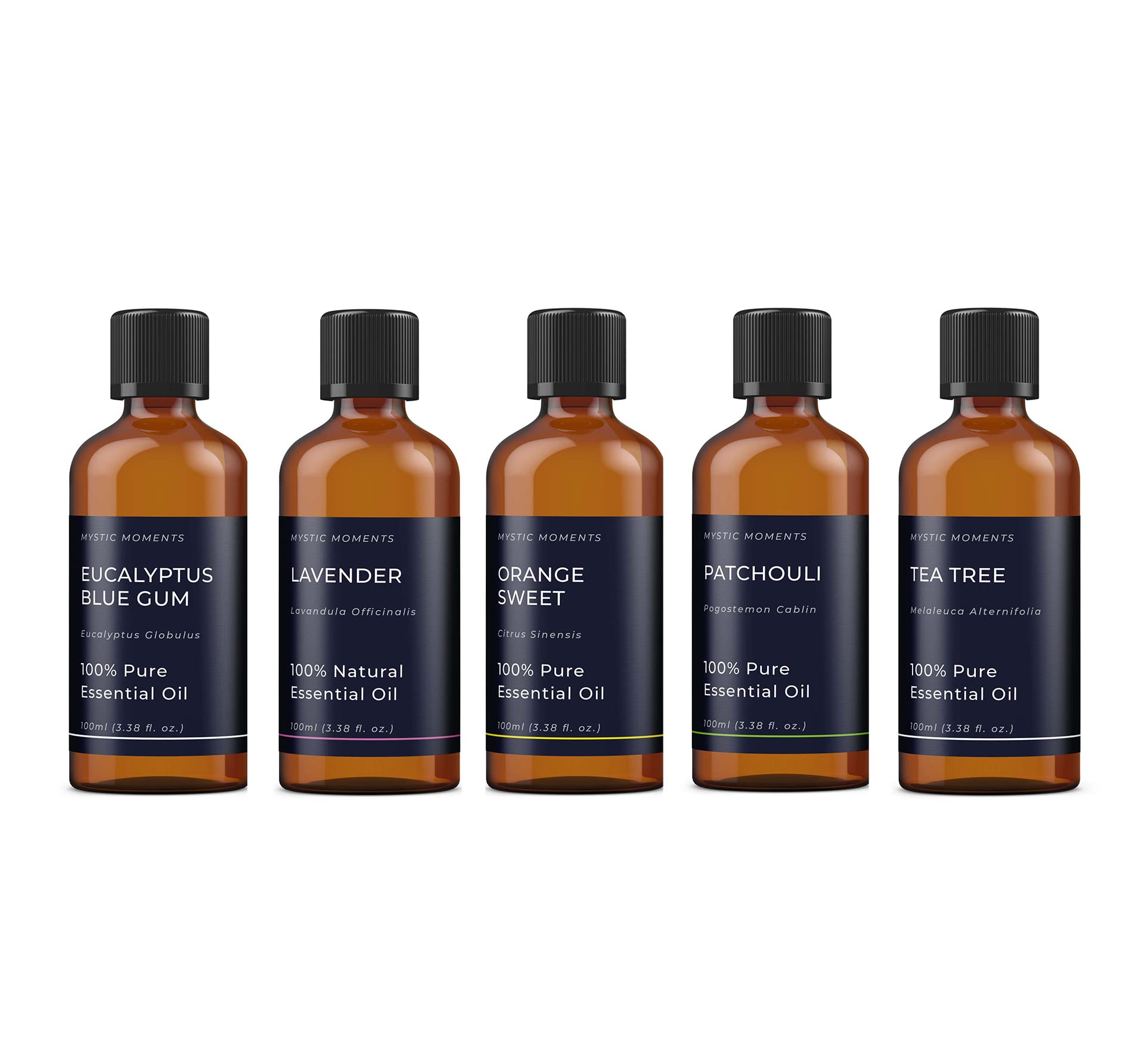 Mystic Moments | Favourite Essential Oil Gift Starter Pack 5x100ml | 5 x Pure Aromatherapy Oils – Eucalyptus Blue Gum, Lavender, Orange Sweet, Patchouli & Tea Tree | Versatile Home Fragrance