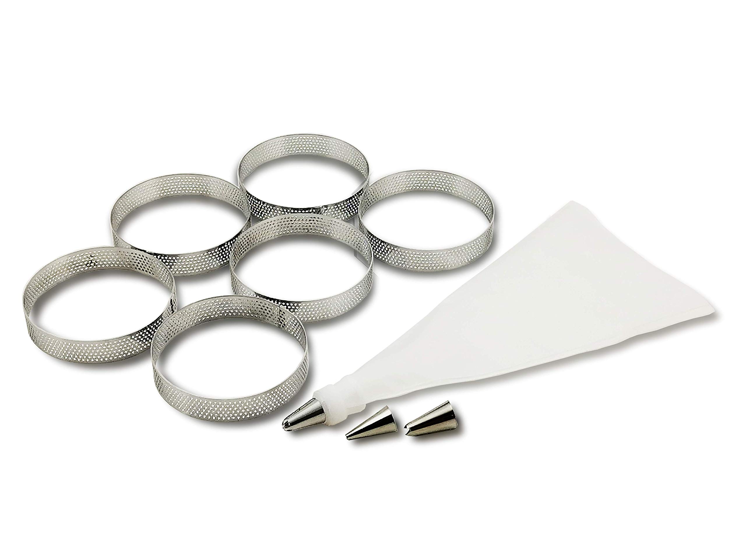 NewlineNY Stainless Steel French Pastry Tart Rings Baking Kit - 6 Perforated Round Rings + 3 Nozzles + 1 Sample Decorating Piping Bag