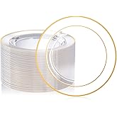 FOCUSLINE 100 Count 10 Inch Clear and Gold Plastic Plates, Disposable Heavy Duty Clear Plates with Gold Rim, Premium Hard Plastic Plate Fancy Disposable Dinner Plate for Wedding Parties
