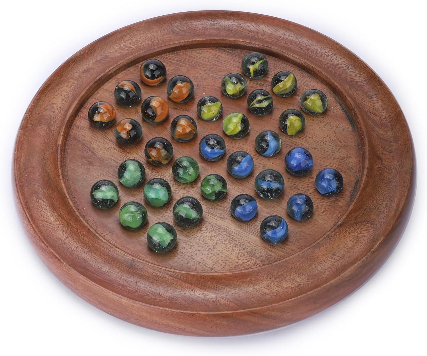 Ajuny Classic Solitaire - Handcrafted Wooden Board Game with 4-Color Marbles, Vintage Indian Design - Ideal for Family Fun & Home Decor