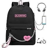 CUSALBOY Kpop Backpack Black，Pink Shouler Bag Messenger Bag Fashion USB Charging Backpack (black 5)