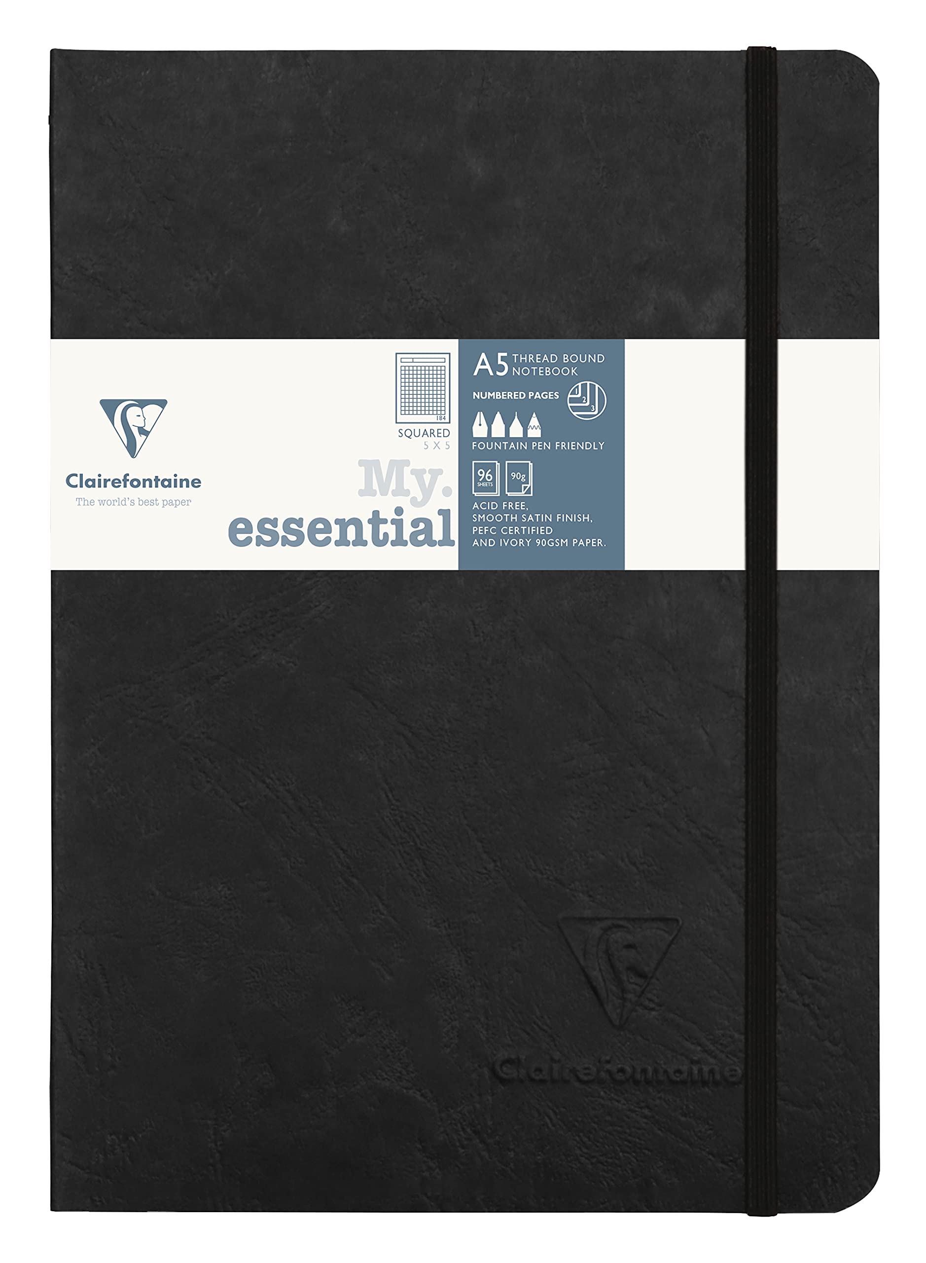Clairefontaine 793421C Collection Age Bag - Stitched MyEssential Black Notebook - A5 14,8x21cm - 192 Pages Small Squares - 90g Ivory Paper - Leather Card Cover