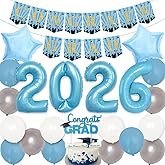 JOYMEMO Light Blue Graduation Decorations 2026, Congrats Grad Banner & Cake Topper, Number 2026 Balloon, Light Blue Silver White Balloons for Graduations Party and New Years Party Celebration