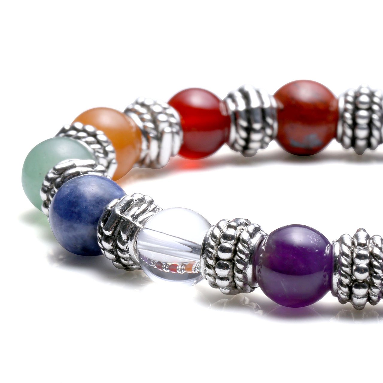Jovivi Lot de 3PCS 7 Chakra Pierres Naturelles Amethyste Perles d\'Energie Bracelet Extensible Elastique Tibetain Bouddhiste avec Pendentif Arbre de la Vie/Lotus/Symbole OM