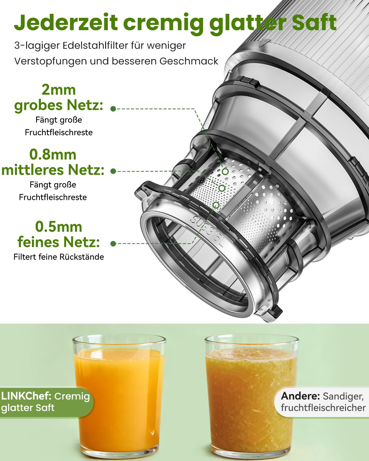 LINKChef Entsafter Slow Juicer, Entsafter Gemüse und Obst Testsieger, 130MM Öffnung und 1,8L Juicer Machine mit Umkehrfunktion, Einfache Installation, Leicht zu Reinigen, 100% BPA Frei, 250W 6