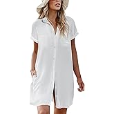 AI'MAGE Womens Bathing Suit Cover Ups Summer Shirt Dress Casual Short Sleeve Button Down Beach Shirts with Pockets S-XXL