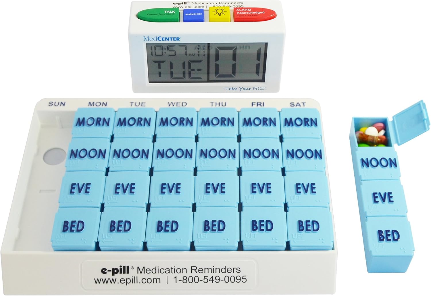 e-Pill 4 Alarm MedCenter Talk with 7 Day x 4 Compartments per Day Weekly Pill Organizer - Large: Health & Personal Care