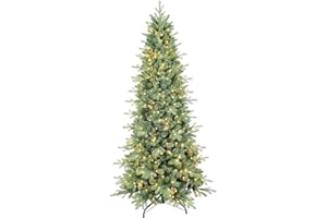 CLOUFAIRY 7 FT Prelit Artificial Skinny Christmas Tree,Blue Spruce Slim Pencil Xmas Tree with 1552 PE&PVC Mixed Branch Tips and 400 UL Listed Clear Lights,Hinged Pine Tree with Metal Stand for Home Office Décor