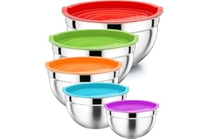 P&P CHEF Mixing Bowl with Lid Set of 5, 10-Piece Stainless Steel Nesting Salad Bowl Set for Prepping, Mixing and Serving, Size 4.6, 3, 1.5, 1, 0.7 QT, Rimmed Edges & Flat Base