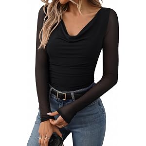 PINKMSTYLE Womens Mesh Long Sleeve Bodysuit Cowl Neck Ruched Going Out Top | Slim Fit Double Lined,Sexy Sheer Sleeves Thong B