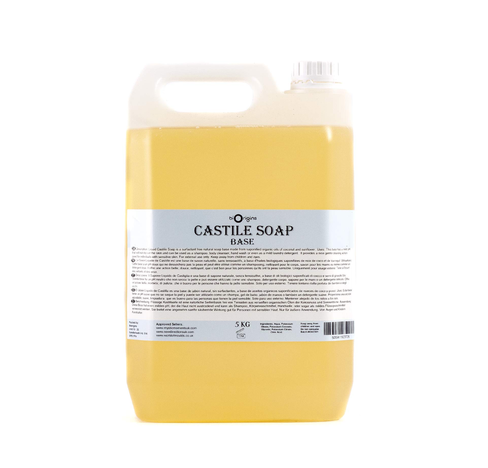 Mystic Moments | Castile Liquid Soap 5Kg | Natural Vegetable Soap Base from Coconut & Sunflower Oils | Gentle Cleanser for Body, Hair & Hands | Fragrance Free Customisable Formula