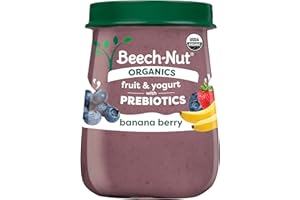 Beech-Nut Organic Fruit & Yogurt Baby Food Jars with Prebiotics, Organic Banana Berry & Yogurt Puree, Stage 2 Baby Food for Babies 6 Months and Up, Non-GMO, 4oz Glass Jars, 10ct