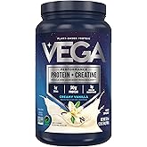 Vega Protein + Creatine - 30g Plant-Based Protein, Vanilla, 20 Servings, 3g Creatine, 5g BCAAs, Vegan, Keto, Gluten Free, Dairy Free, Low Carb, for Muscle Growth & Repair, Drink Mix, 33.9oz