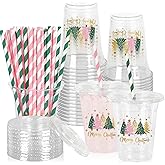 JarThenaAMCS 50Pcs Christmas Plastic Cups with Lids Straws Boho Xmas Tree Drinking Cup 12oz Pink Green Gold Holiday Disposable Cups for Xmas Winter Baby Shower Family Gatherings Decorations Supplies