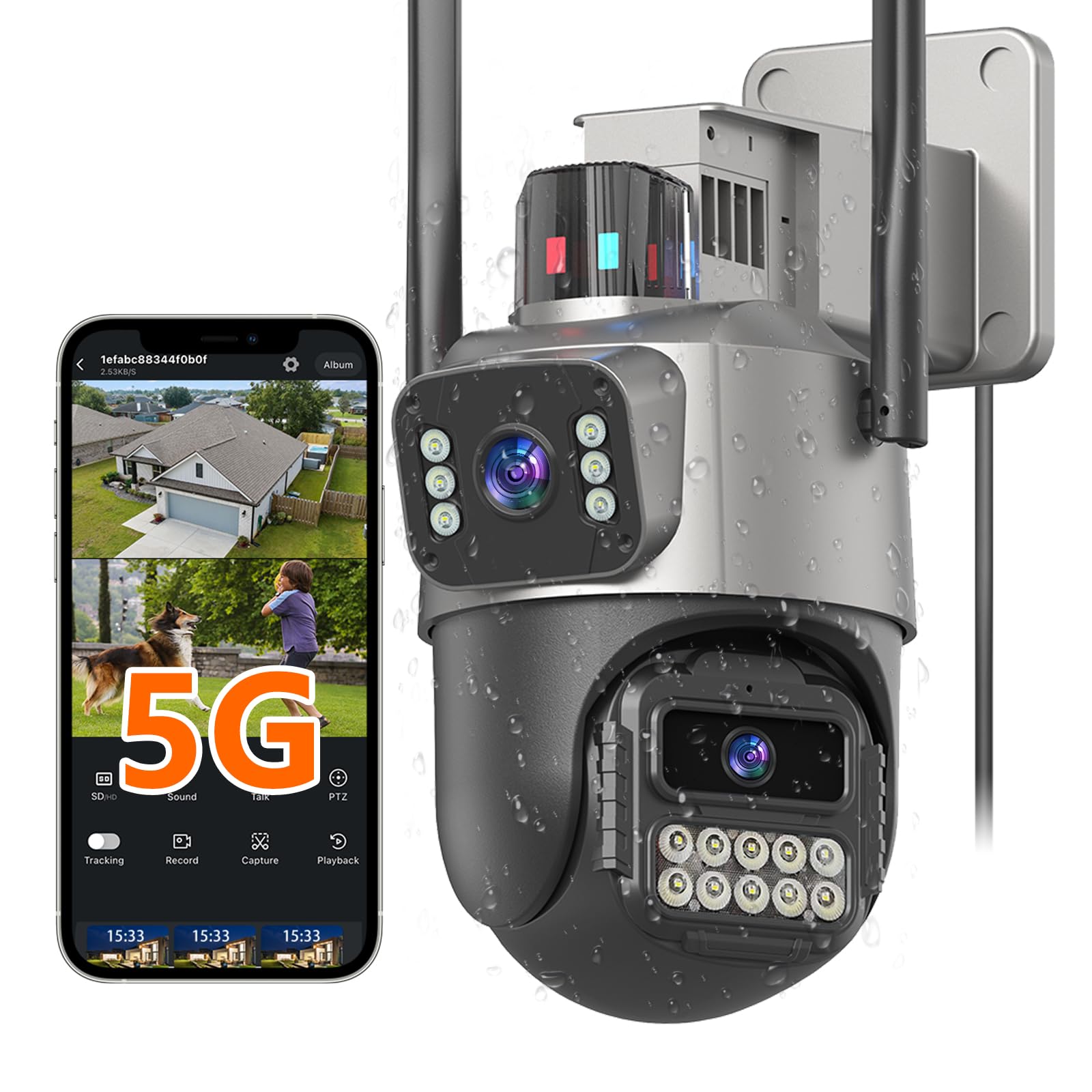 Photo 1 of 5G Security Camera Outdoor, 6MP Dual Lens 6X PTZ Outside Cameras for Home Security, IP66 Waterproof Wired Camera, Motion Tracking, Pan/Tilt, Color Night Vision, Light Alarm, 24/7 SD Recording/Cloud