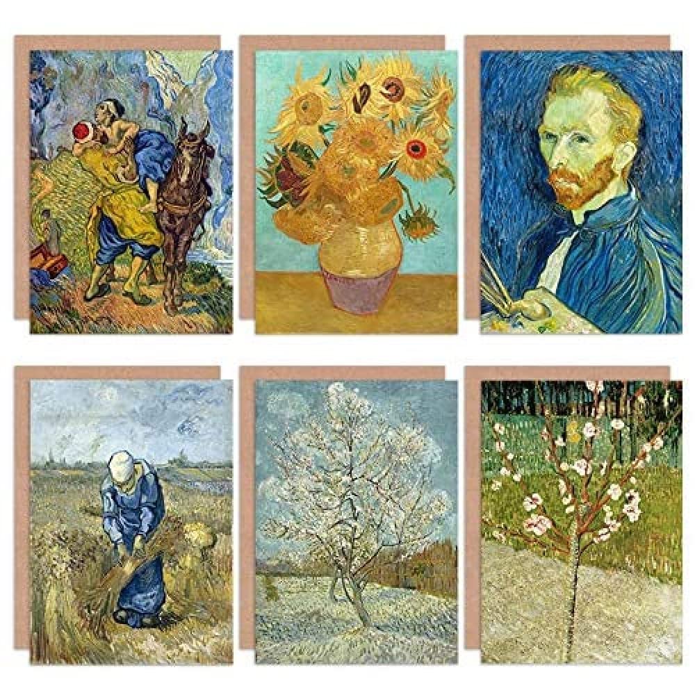 Artery8 Vincent Van Gogh Almond Tree Roze Peasant Sunflowers Samaritan Fine Art Greeting Card Pack of 6