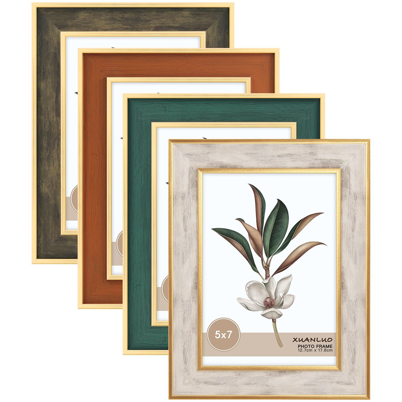 Photo 1 of XUANLUO 4 Pack Picture Frames Farmhouse Rustic Picture Frame Sets with Distressed Wood Grain,Display Pictures Tabletop or Wall Decor (Mix Color, 5x7 (4pc))