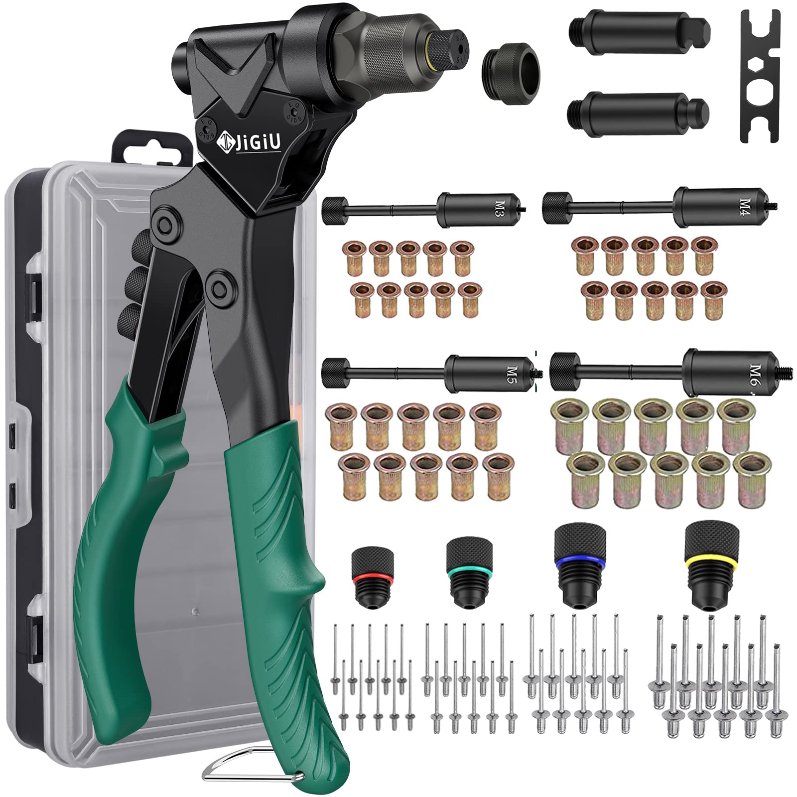 JiGiU 3 in 1 Rivet Nut Tool, Rivet Gun, Reamer Set, 360° Swivel Head Rivet Tool Kits Heavy Duty Hand Rivnut Gun with M3 M4 M5 M6 & 2.4/3.2/4.0/4.8 Rivet Heads & 2 Reaming Mandrels,40 Nuts & 40 Rivets