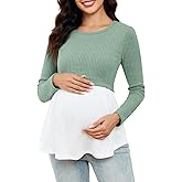 FMEYOA Women’s Maternity Shirts Long Sleeve Nursing Tops Scoop Neck Patchwork Breastfeeding Shirts Pregnancy Clothes