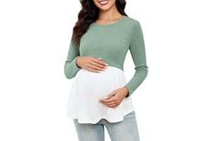 FMEYOA Women’s Maternity Shirts Long Sleeve Nursing Tops Scoop Neck Patchwork Breastfeeding Shirts Pregnancy Clothes