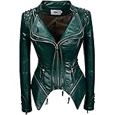 Fashion SX Women's Punk Studded Faux-alligator Print Pattern PU Leather Jackets Zipper Moto Biker Coat