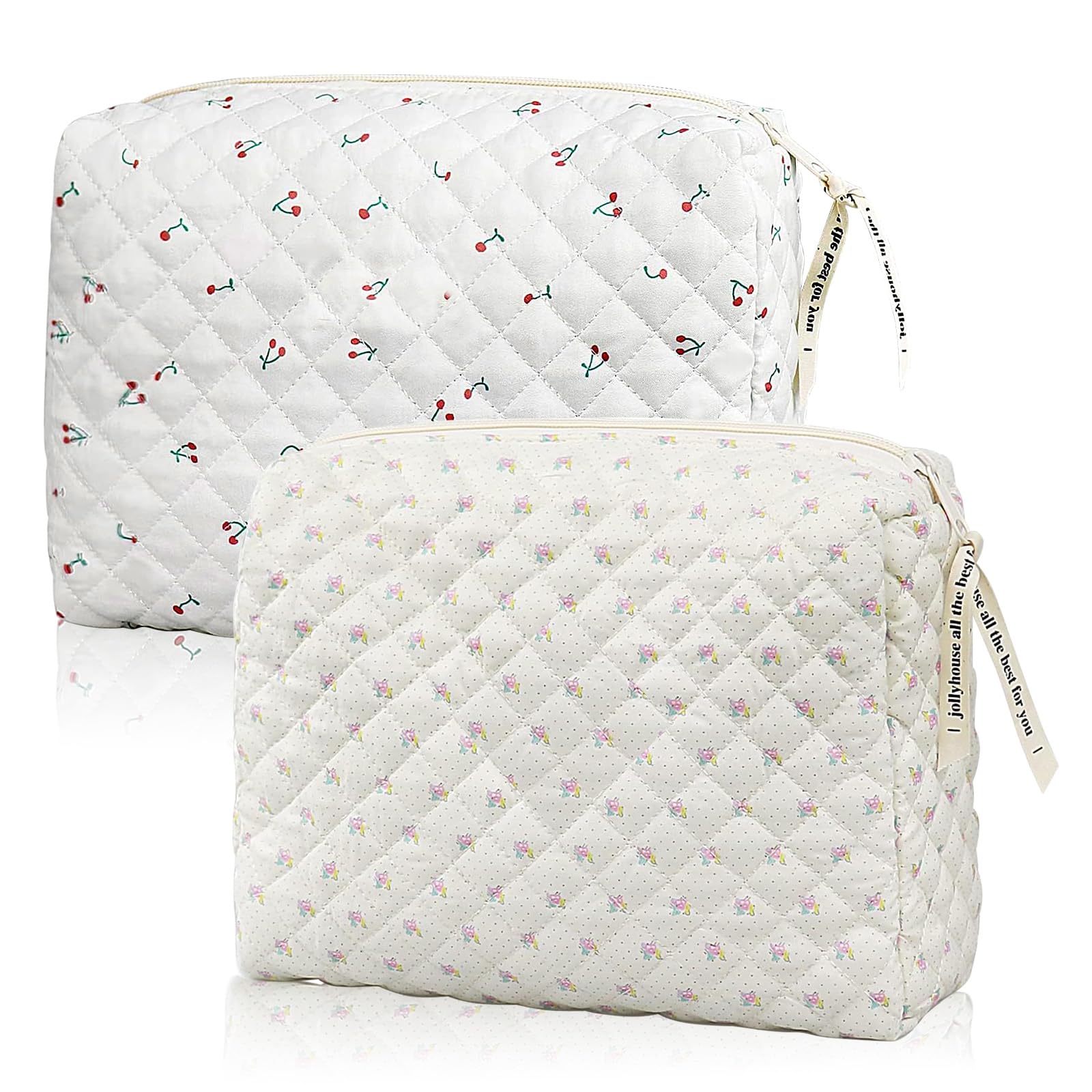 LURVOUS 2 Pcs Floral Makeup Bag, Cotton Flower Cosmetic Bag Large Make Up Bag Quilted Makeup Pouch, Cotton Cute Skincare Bag Floral Toiletry Bag Travel Cosmetic Bag for Women Girls (2, White)