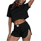 SweatyRocks Women's 2 Piece Lounge Sets Short Sleeve Ribbed Crop Top and Split Shorts Sleepwear