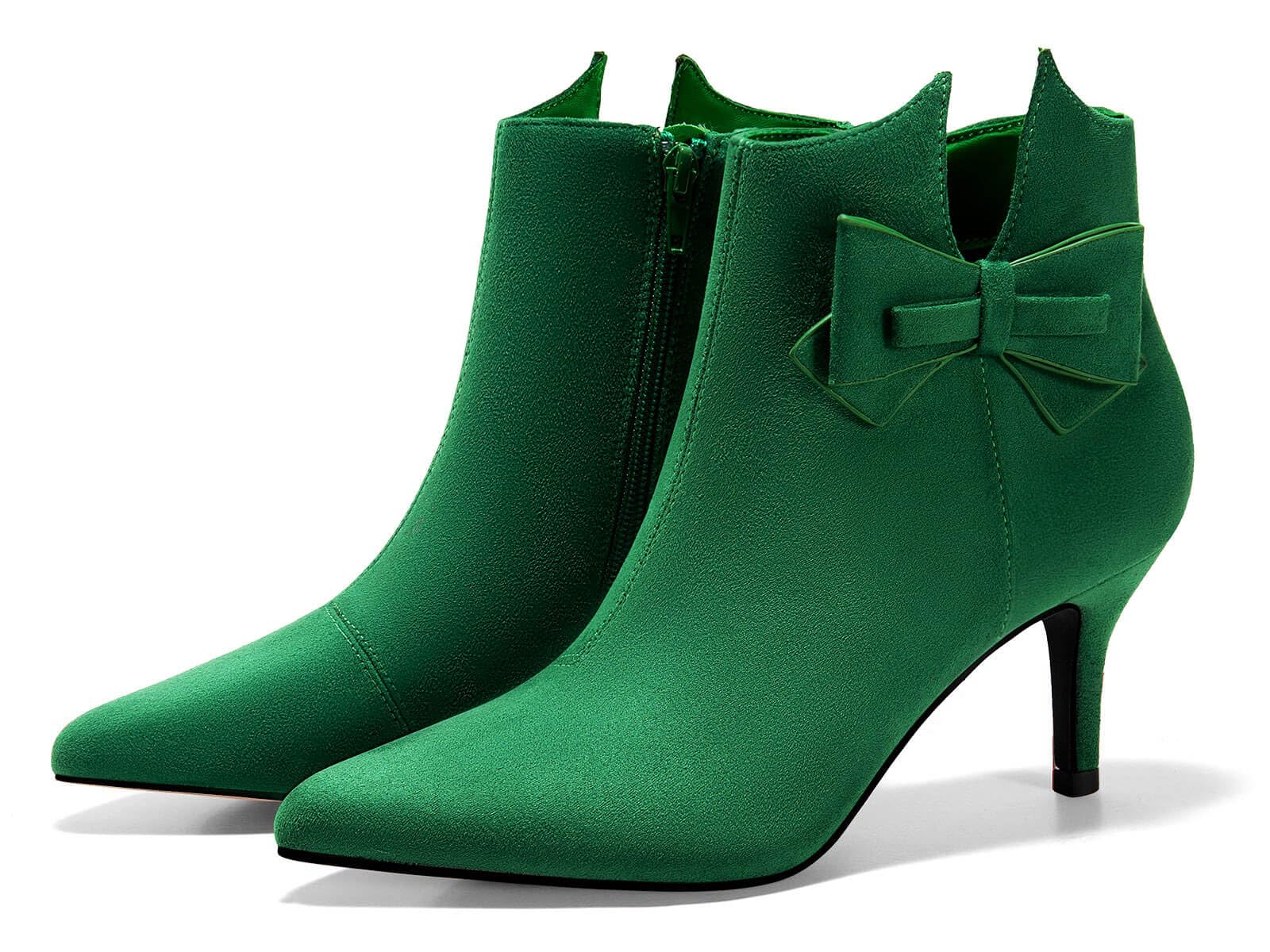 Photo 1 of 8    Ermonn Womens Pointed Toe Ankle Boots Stiletto Heels Side Zipper Bow Faux Suede Booties Wedding Dress Shoes