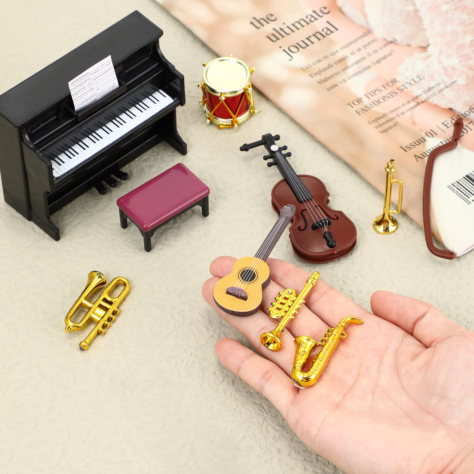 Dollhouse Miniature Musical Instrument Set in 1:12 Scale, Mini Dollhouse Musical Instrument Model Includes Violin Piano Trumpet Saxophone Electric Guitar, Model Accessory F