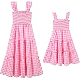 AWIBMK Mommy and Me Matching Dresses Plaid Midi Dress Summer Square Neck Ruffle Flowy Beach Mom Daughter Outfits
