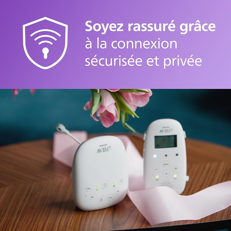 Philips Avent DECT - Écoute-bébé Audio avec veilleuse et berceuses, Conversation bidirectionnelle, portée de 330m, autonomie de 18h, Connexion sécurisée, capteur de température, Son Clair, SCD713/26