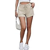 Famulily Womens Linen Drawstring Elastic Waist Button Shorts Low Rise Cute Beach Shorts with 4 Pockets