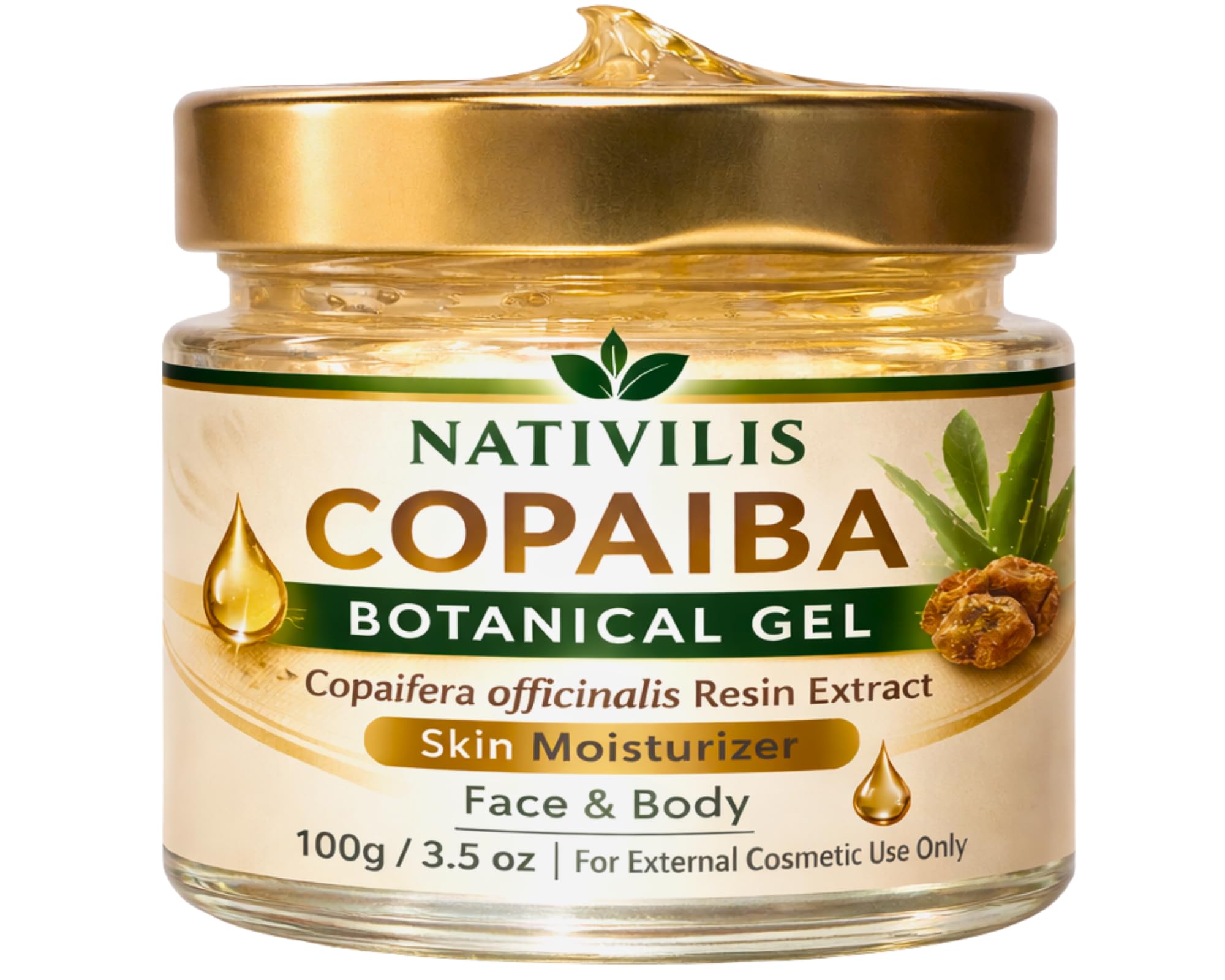 Nativilis Copaiba Gel Copaifera officinalis Multipurpose Natural Gel Face Skin Body Moisturizing Antiaging Melasma Relieve Sore Muscles Joint Pains Circulation Varicose Veins