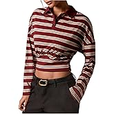 MakeMeChic Women's Striped Tops Cropped Rugby Shirt Long Sleeve Collared Y2k Preppy Tee Crop Tops