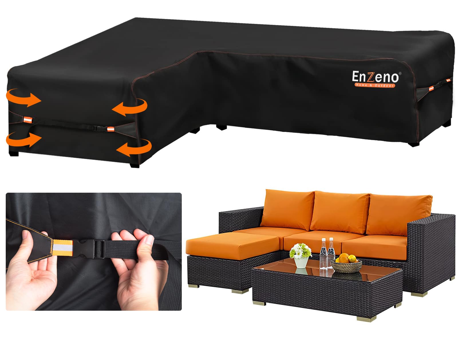 Enzeno Garden L-Shape Furniture Cover Waterproof,420D Heavy Duty Oxford Fabric Outdoor Rattan Corner Sofa Cover with Waterproof Tape (222 * 286 * 87cm)