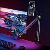 Suporte de Microfone Articulado com Iluminação RGB, Suporte para Celular, Base de Mesa Ajustável até 55mm