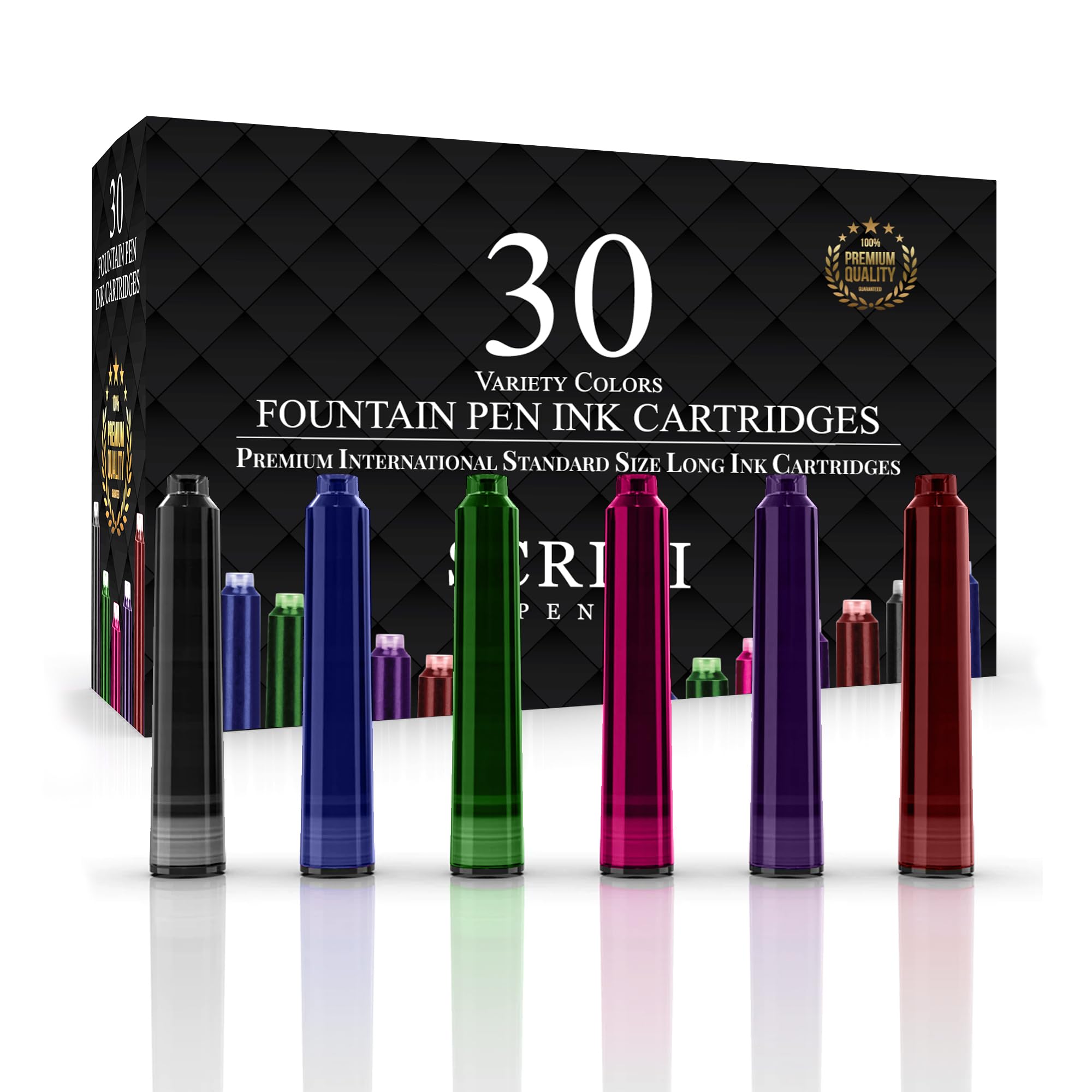 SCRIVI PENS Fountain Pen Ink Refills - Set of 30 Assorted Ink Cartridges - International Standard Size - Length APPR 2.04 Inch - Base Diameter APPR 0.24 Inch - Disposable and Generic