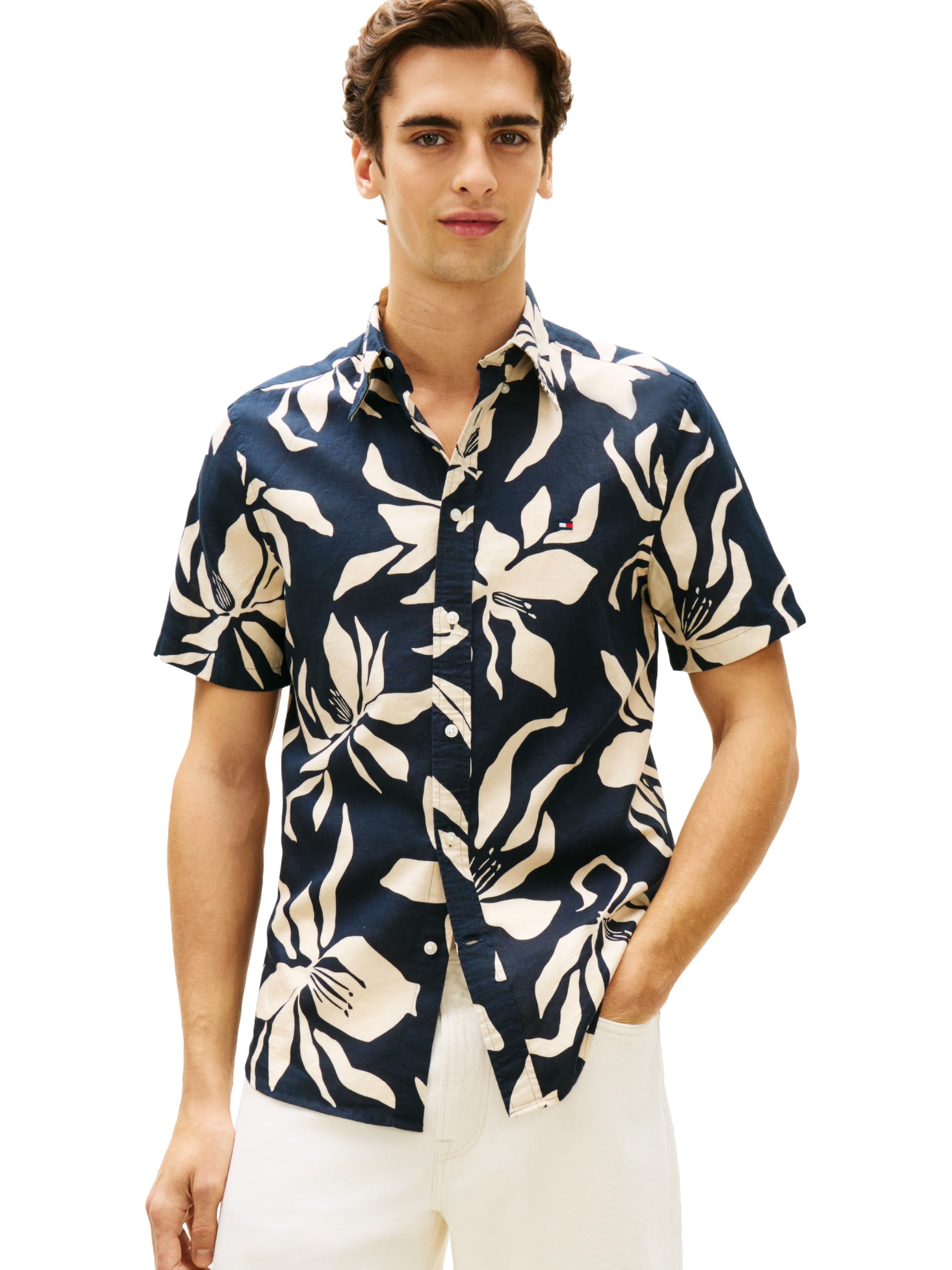 Tommy Hilfiger Men’s Linen Blend Flower AOP Regular Short Sleeve Shirts, Dark Night Navy/Allover Large